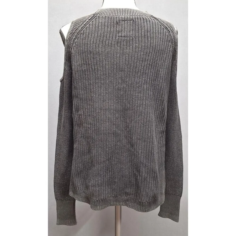 Hollister Womens Small Cold Shoulder Ribbed Sweater Chunky Knit Crew Gray Small